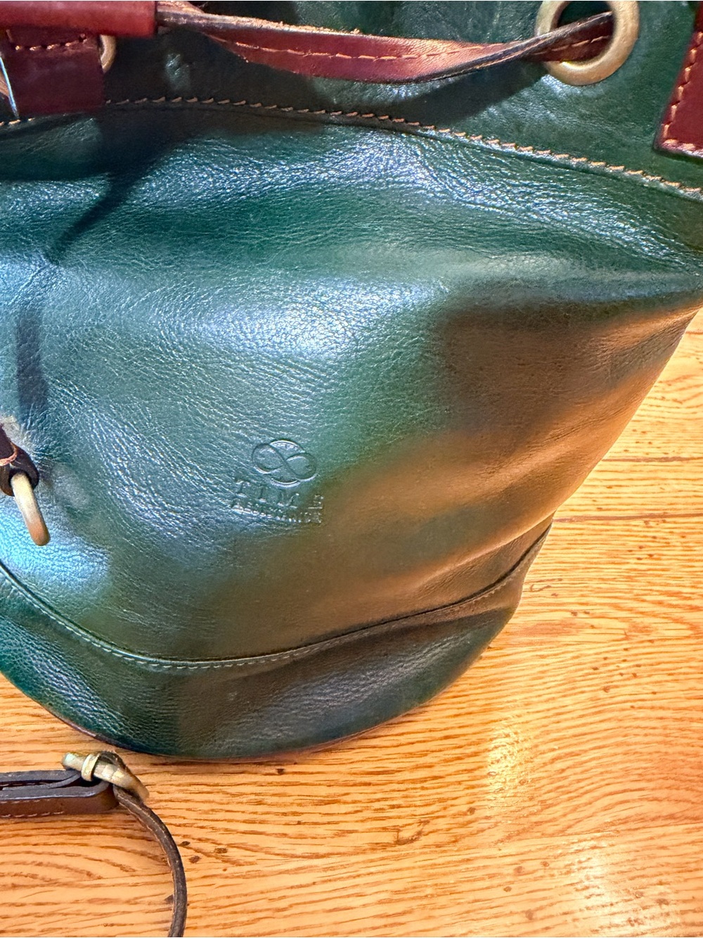 Time Resistance Green Italian Leather Drawstring Bucket Bag with Brown Trim - Picture 3 of 15